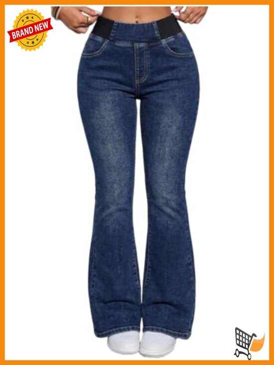 Denim - Womens High Waisted Stretchy Flare Jeans Elastic Waistband Bell Bottom